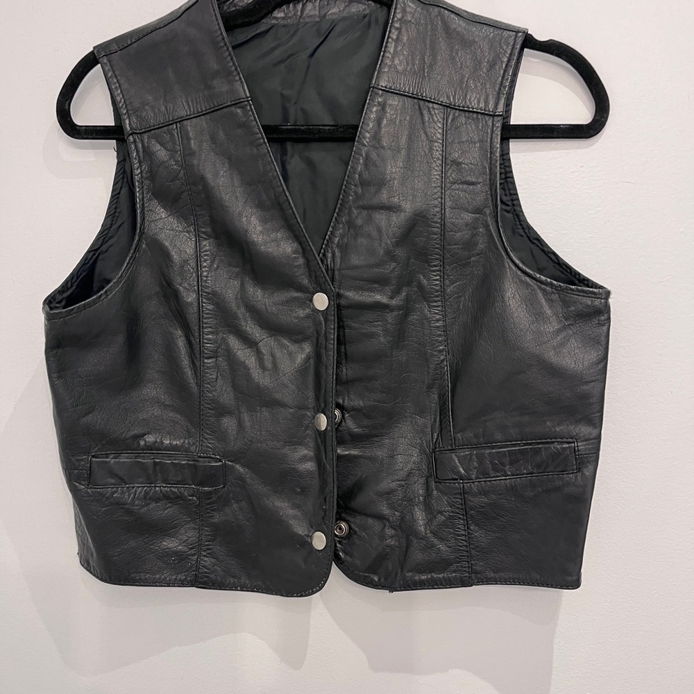 Vintage Black. Leather Biker Moto Snap
Button Vest